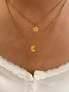 1pc Stainless Steel Waterproof Non-Fading Vintage Rhinestone Octagram Star Moon Pendant Necklace Choker, Suitable For Women's Daily Wear - Gold - View 1
