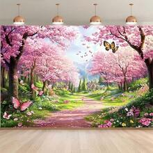 2D plat, 1 pièce Bannière de fond de photographie - Atmosphère unique de sentier de fleurs de cerisier, convient pour les fêtes à thème printanier, les célébrations romantiques et autres décorations, fond photo de vacances, décoration de salle de fête à la maison, idéal pour les événements de style romantique printanier - 1 pièce - Voir 2