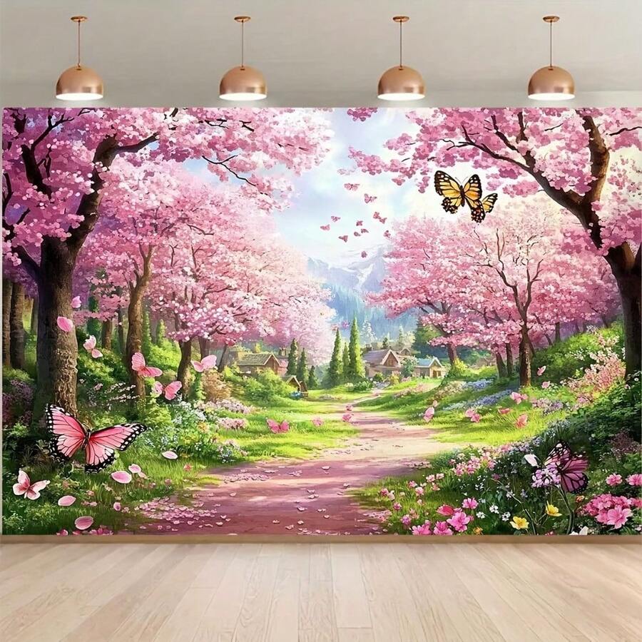 2D plat, 1 pièce Bannière de fond de photographie - Atmosphère unique de sentier de fleurs de cerisier, convient pour les fêtes à thème printanier, les célébrations romantiques et autres décorations, fond photo de vacances, décoration de salle de fête à la maison, idéal pour les événements de style romantique printanier