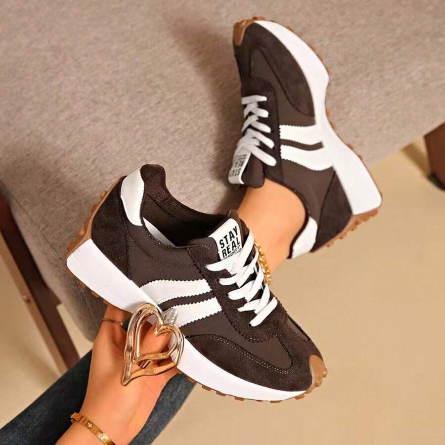 Shoes Retro Chunky Sneakers Instep Bulky Running Sneakers For Women, Shoes For Women,Women's Comfortable Lace-Up Sneakers - Lightweight Multifunctional Casual Shoes, Non-Slip Rubber Sole, Suitable For All Seasons - Brown Upgraded Version - View 1