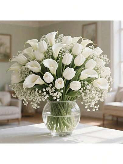 60PCS Beautifully Simulated Baby Breath, White Tulips And Calla Lilies Set - Perfect For Wedding Bouquets, Engagement Celebrations, Home Office Decoration, Mother's Day, Spring Flower Arrangements, Outdoor Displays, Valentine's Day - Ideal Plastic Flower Decoration, Christmas Decorations For Home