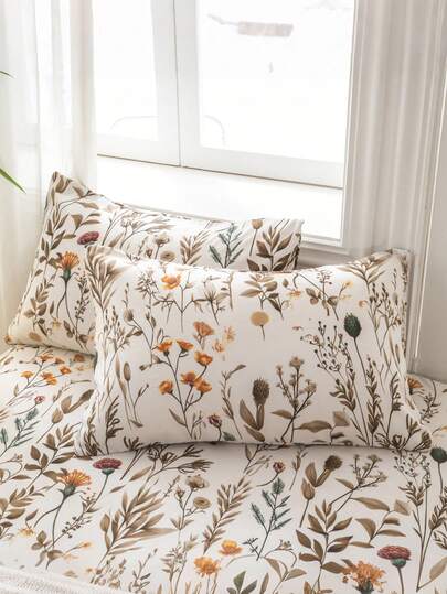 1件/2件/4件装植物花卉印花枕套，透气柔软舒适，信封式开口，适用于卧室沙发家居装饰，复古风格，适合卧室、客厅等场所，不含枕芯，四季皆宜。