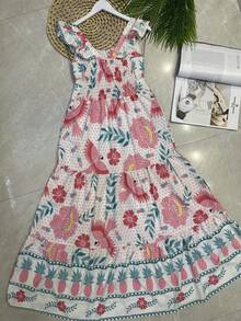 Long Dress With Print, Lined, With Built-In Bra Cups, Made Of Pretty, Fashionable Crepe Fabric. - Pink and White - View 3