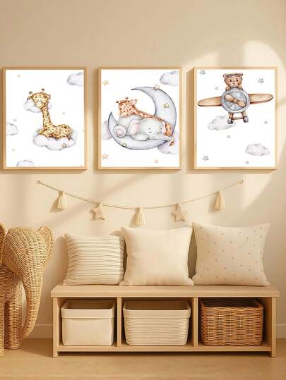 1幅帆布墙画 - 婴儿用品，长颈鹿、大象、熊儿童房装饰画 - 带框婴儿房墙画，完美适用于游戏室装饰、婴儿房装饰、育儿室装饰、幼儿园装饰、男孩房装饰、女孩卧室装饰、儿童房装饰