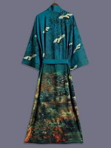 Crane & Floral Print Mid-Length Kimono Cover Up Thin Outerwear For Women, Elegant Casual Beachwear Robe, Vacation Lightweight Loose Jacket With Sash Spring - Green - View 2