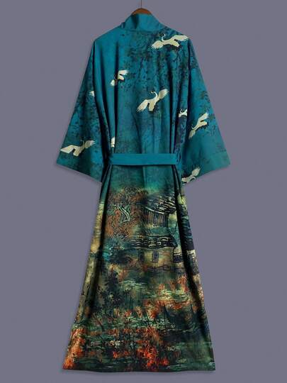 Crane & Floral Print Mid-Length Kimono Cover Up Thin Outerwear For Women, Elegant Casual Beachwear Robe, Vacation Lightweight Loose Jacket With Sash