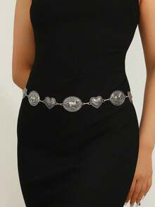 锌合金腰链，金属心形和马头装饰，复古波西米亚风连衣裙腰带 - 銀色 - 查看 9