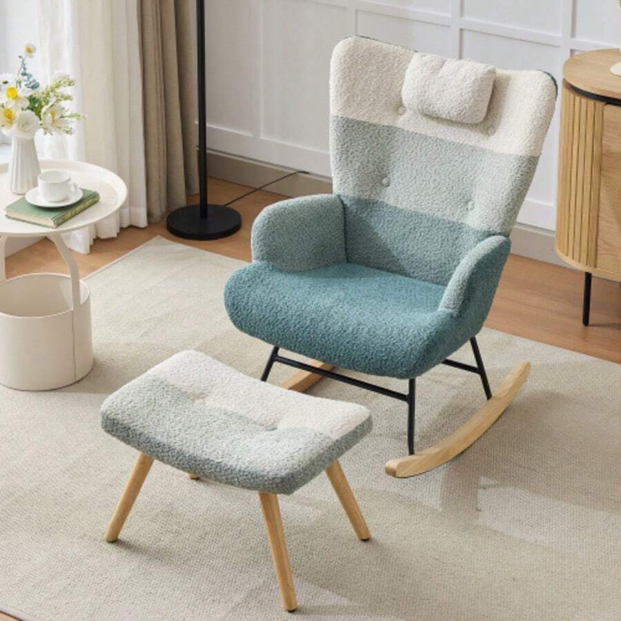 Boucle-Schaukelsessel, Schaukelstuhl Im Bunten Patchwork-Streifen-Look, Sessel Beine Aus Gummiholz, Gestell Aus Gespritztem Eisen, Wohnzimmersessel, Schlafzimmersessel Mit Fußbank - Beige - View 1