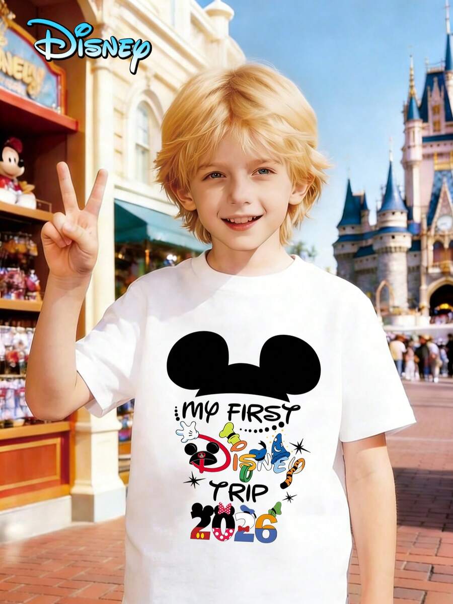 Printed With Disney Mickey Mouse 2026 Pattern, Disney Officially Authorized High-Quality Children's T-Shirts, Perfect Gifts, Fashionable Casual Clothes, Children's Wear Boys, Boys' Gifts, Four Seasons, Creative And Personalized T-Shirts. - 白色 - 查看 1