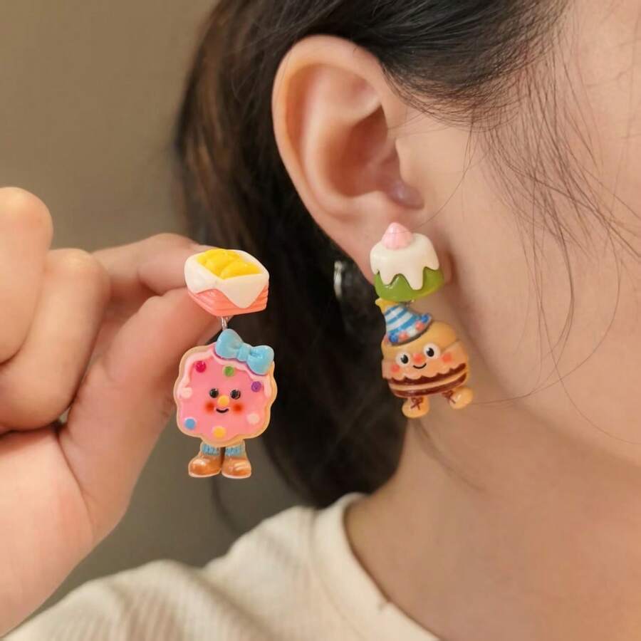 1 Đôi bông tai nhựa hình đồ ăn dễ thương - Bông tai hình món tráng miệng bất đối xứng + Bông tai hình bánh rán và bánh ngọt hoạt hình, thích hợp để đeo hàng ngày và dự tiệc sinh nhật. - Nhiều màu - Xem 1