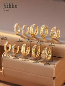 Hihho 5对装奢华创意闪亮镶嵌简约圈形耳环套装，多款优雅女士时尚耳环，适合日常、约会、派对佩戴，亦可作为节日礼物、情人节礼物。 - 耳圈套裝 - 查看 11