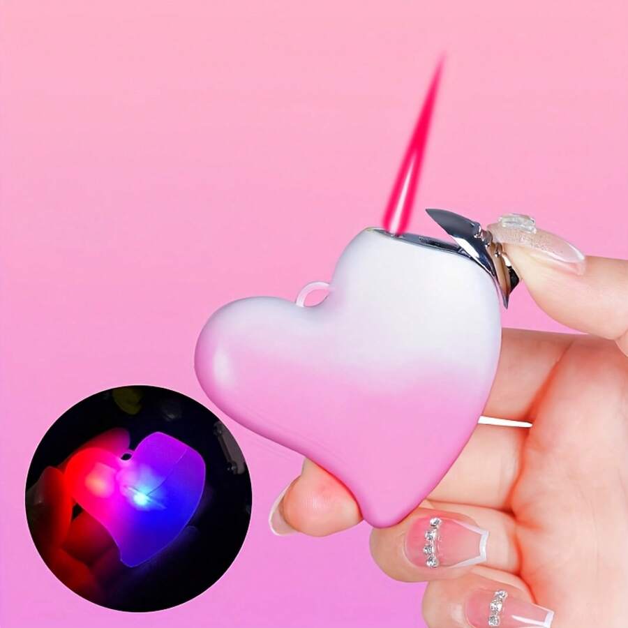 ACompatible For All Devices Heart-Shaped Lighter - Pink To White Gradient Cute Romantic Gift With Windproof Adjustable Flame, Compact & Durable Plastic Refillable (Fuel Not Included) - Love Gift For, Joke Novelty Lighter For / - 粉紅色心型打火機 - 查看 1