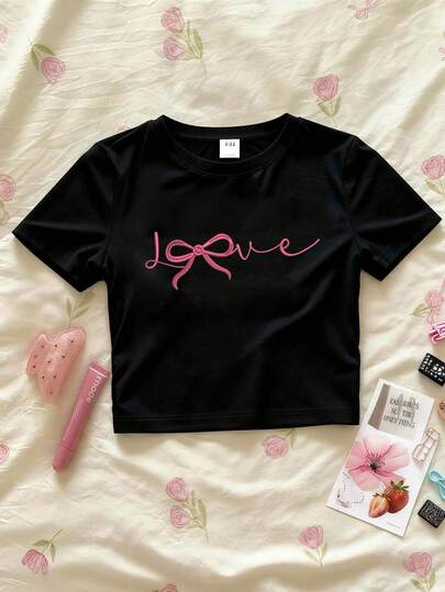 Women's Fitted Short Sleeve T-Shirt With Bow Design And "Love" Print, Comfortable And Breathable, Suitable For Spring/Summer, Also A Perfect Choice For Valentine's Day And An Excellent Gift For Girlfriend
