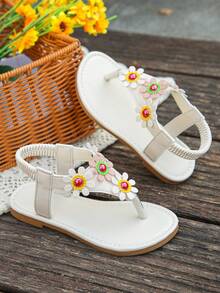 1 Pair Girls' Summer Flat Sandals, Fashionable Floral Slip On Solid Color Comfortable Casual Versatile Flip Flops, Suitable For Girls' Daily Wear In Summer - White - View 4