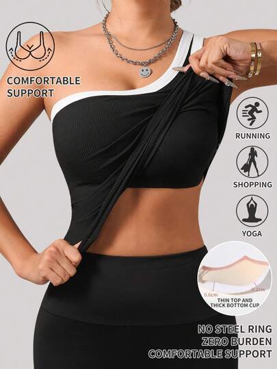 一件式可转换肩带背心，内置杯托，撞色不对称领口设计，休闲、运动、叠穿皆宜，适合春、夏、秋、冬四季穿着。