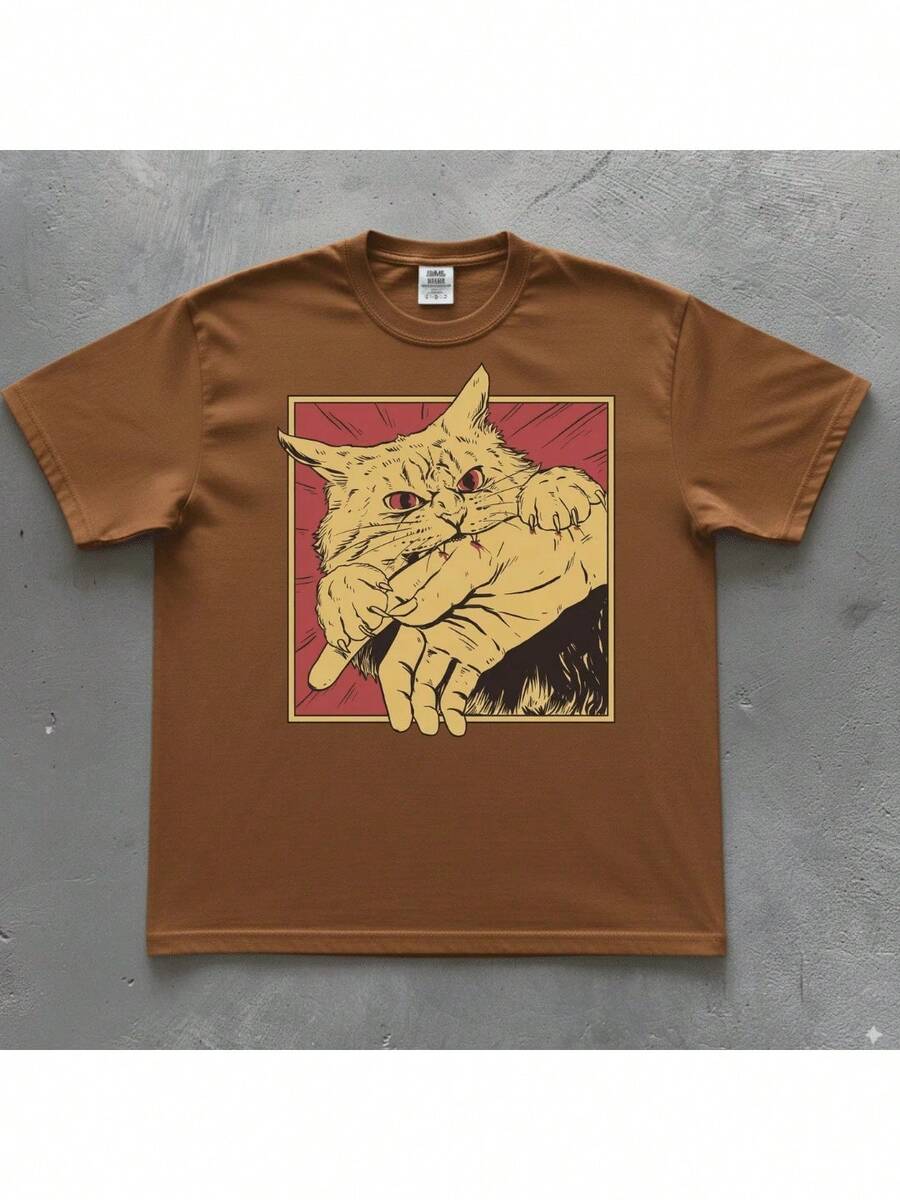 Vintage Cat T-Shirt, Retro Bite, Grunge, Authentic, Stylish, Regular Blogger Style - Rust Brown - View 1