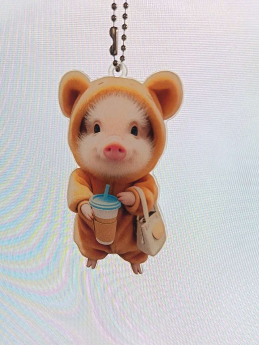 Chaveiro de acrílico em formato de xícara de café com um porco fofo (1 Peça), ideal para decoração de carro, mochila ou chaves. Perfeito para pendurar em carros e bolsas.