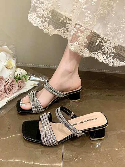 时尚方头水晶装饰粗跟凉拖鞋，女士户外高跟穆勒鞋