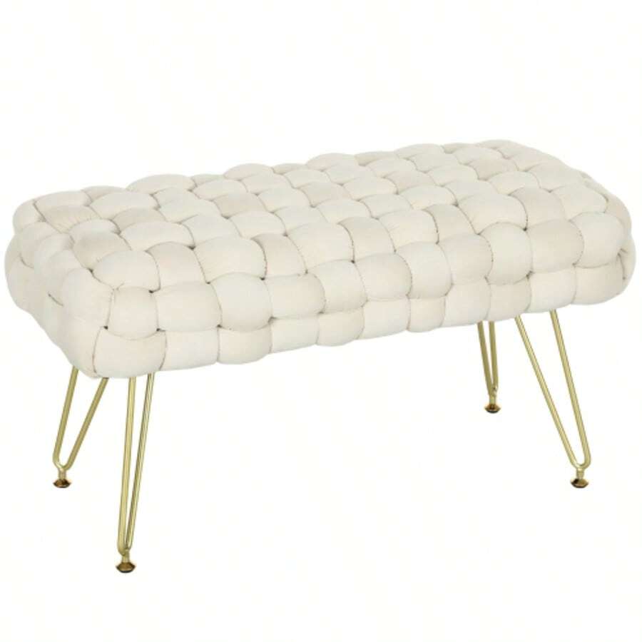 Pouf, Upholstered Bench With A Velvet Look, Footrest With Padded Seat, Metal Legs, For Living Room, Bedroom, 76 X 38 X 41.5 Cm, Cream White - White - View 1