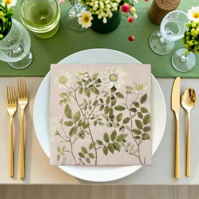 20枚 ヴィンテージ フローラル ペーパーナプキン 白い花&緑の葉 2PLY 33cm 春夏テーマのパーティーイベント用 使い捨て フラワーペーパーティッシュ 祝祭 ホリデーパーティー装飾 ホームパーティー デザートテーブル バー ホテル キャンプ ピクニック パーティー用品 パーティー装飾