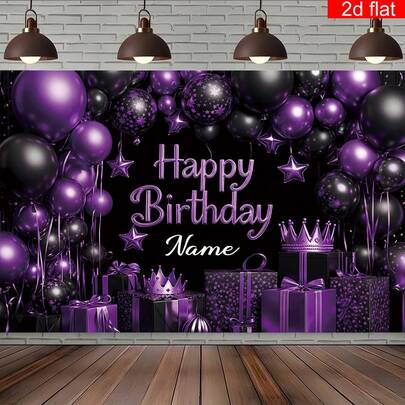 1pc Customizable Name Birthday Party Banner, Polyester, Crown Gift Black Gold Theme Photography Backdrop, Personalized Happy Birthday Banner, Suitable For Home Wall Cake Table Decor, 3 Size Options