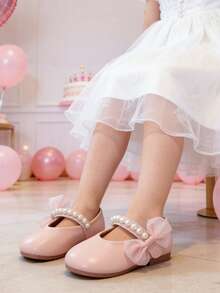 1 Pair New Baby Girls' Pearl Bow PU Hook And Loop Design Princess Style Flat Shoes, Pink, Suitable For Spring/Autumn - Pink - View 1