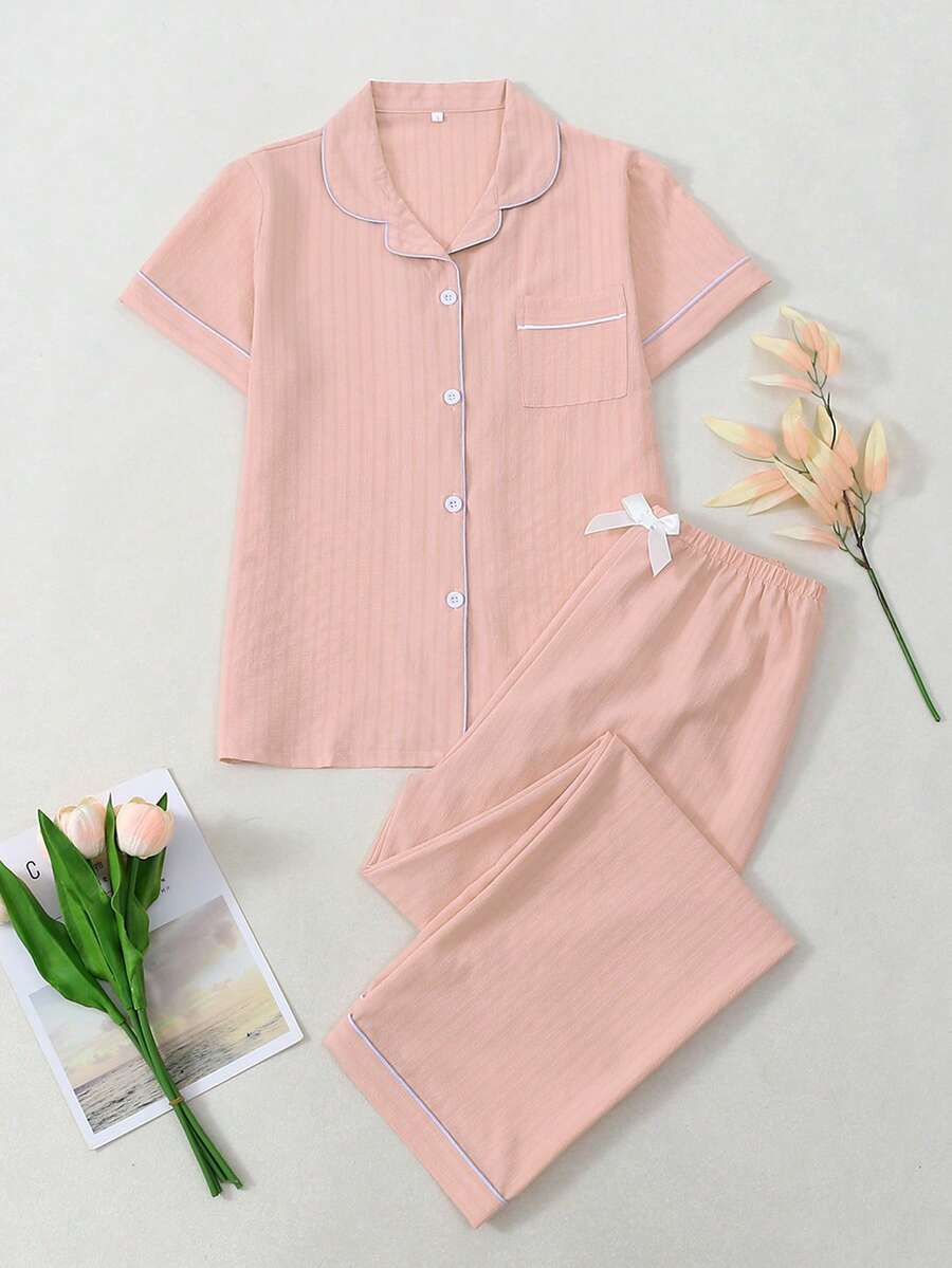 Striped Jacquard Women Short Sleeve Pajama Set - Pink - View 1