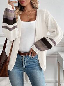 2026 Early Spring Must-Have Fashion Premium | Color Block Stripe Sleeve Knit Cardigan: Soft, Chunky Knit Fabric Perfect For Early Spring Layering, Featuring An Open V-Neck, Relaxed Drop-Shoulder Silhouette, And Voluminous Color-Block Striped Sleeves. It Balances Laid-Back Comfort With Retro Charm, Available In White/Black/Teal/Khaki-Your Versatile Staple For Spring American Casual Style. Casual Rib-Knit Daily - 白色 - 查看 7