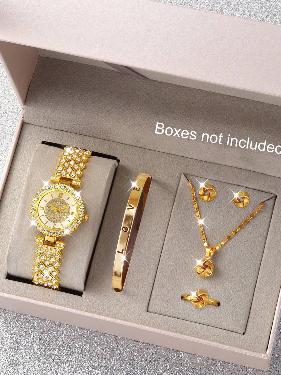 6pcs Set Rhinestone Gold Bangle & Quartz Watch Set, Chain Bracelet Watch For Women, Personalized Luxury Gift - Gold - View 1