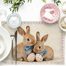 4-Piece Retro Rabbit Placemat Set (4-Piece Set) Suitable For Dining Tables, Washable Table Mat With Rabbit, Easter Egg, Purple Flower And Other Patterns, Rectangular Easter Table Decoration, Suitable For Coffee Tables, Holiday Parties And Spring Table Decoration - Multicolor - View 2