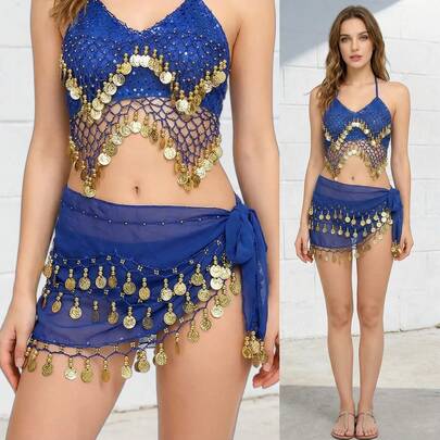 1件手工多色人像金属布腰裙，装饰性感肚皮舞裙，略带脏污效果，锚点设计，适合舞台表演。波西米亚风、复古风、派对、夜生活、海滩装扮、节日服装及配饰