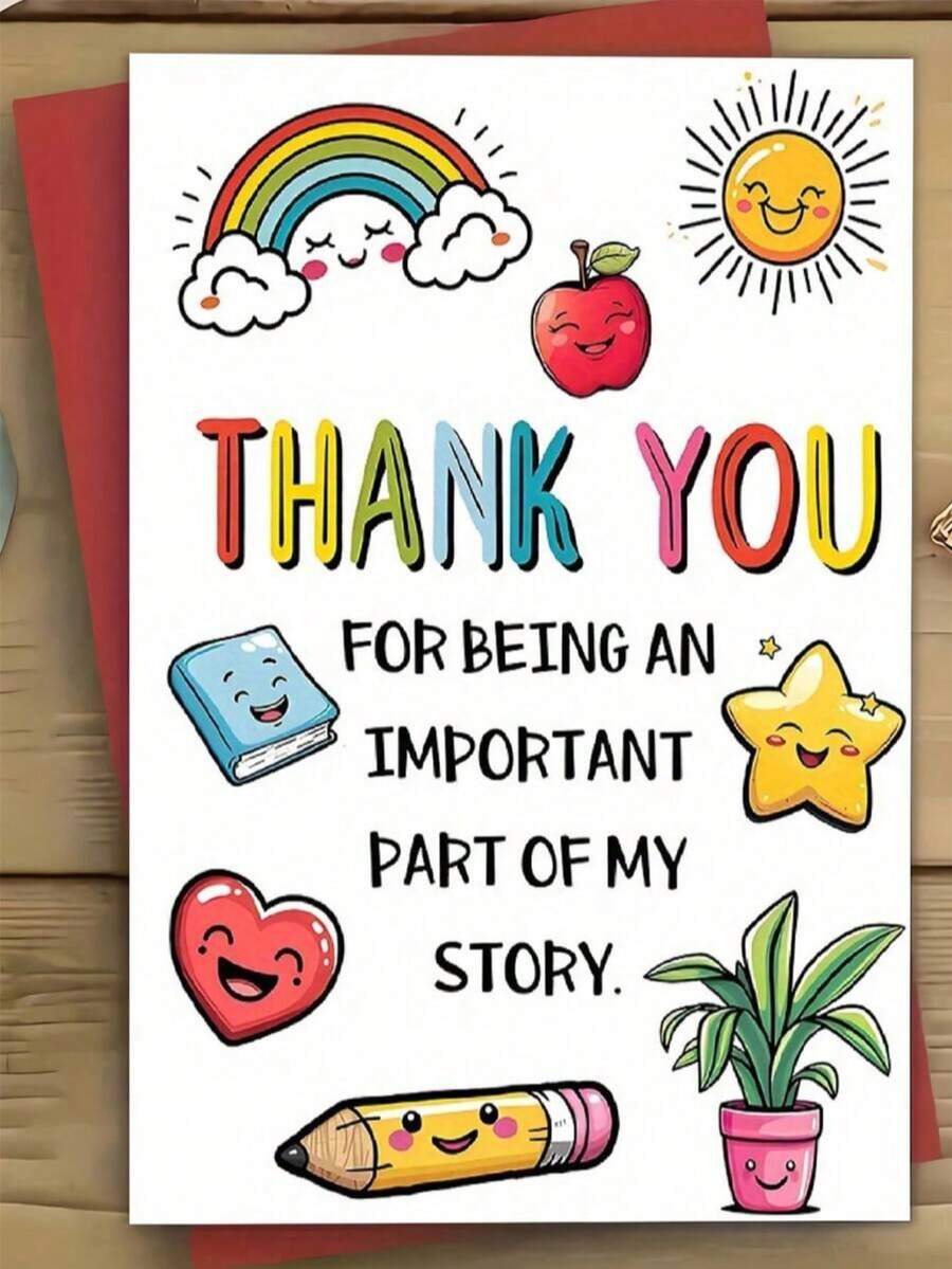Happy Thank You Teacher Card With Envelope -Vibrant Cartoon Design Featuring Rainbow, Apple And Smiling Face, Daycare OrcareYear-End Gift - Multicolor - View 1