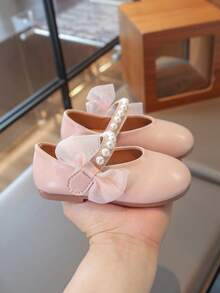 1 Pair New Baby Girls' Pearl Bow PU Hook And Loop Design Princess Style Flat Shoes, Pink, Suitable For Spring/Autumn - Pink - View 11
