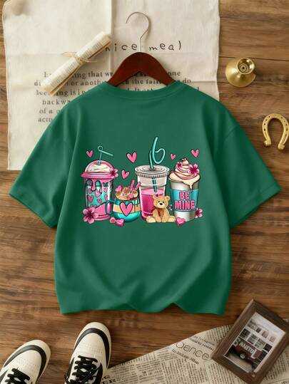 Tween Girl Sweet Dessert & Heart Print Round Neck Short Sleeve T-Shirt, Comfortable New Spring/Summer