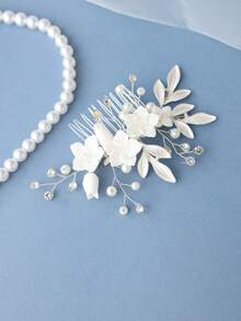 1pc Elegant White Flower & Pearl Crystal Hair Clip, Bridal Wedding Headpiece, Valentine's Day/Date Night Hair Accessory - White - View 4