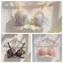 Wireless Bra And Panty Set, Cute, High-Cut Bra, Wireless Underwear For Women With Small Breasts. This Bra And Panty Set Enhances Your Bust, Flatters Your Sides, And Creates A Cleavage-Enhancing, Shape-Enhancing, And Is Wireless. - 藍白色 - 查看 12