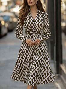 Women's Elegant Spring/Summer Plaid Print Casual Party Dress, Long Sleeve Design, Suitable For Dates - Black - View 9