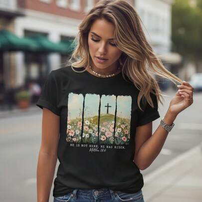 Women's Easter Religious Print Cotton T-Shirt, He Is Not Here He Has Risen Bible Verse Graphic Tee, Short Sleeve O-Neck Casual Top, Loose Fit Christian Shirt For Spring Summer, S-5XL