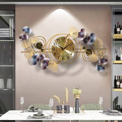 Wall Clocks For Living Room Decor,Large Wall Clock,3D Creative Metal Ginkgo Leaf Design,With Silent Movement Wall Clocks For Home Wall Decor Clock, 17.5 X 33.5 Inch