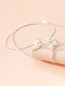 1 Set Pearl Necklace & Bracelet Jewelry Set, Suitable For Women's Evening Dress, Bridal Wedding Photography Accessories - Two-piece Set - View 3