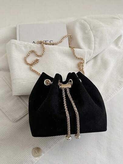 Fashionable Solid Color Chain Strap Mini Bucket Crossbody Bag
