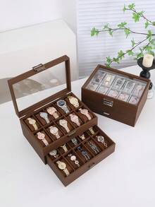 Nueva caja de almacenamiento y exhibición de relojes de madera de nogal, disponible en múltiples estilos: 3/5/6/10/12 ranuras, tapa de vidrio con ventana, caja de colección de relojes de gran capacidad, vitrina para el hogar u oficina, regalo ideal para ocasiones especiales - Marrón - Ver 8