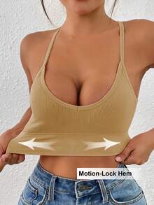 1件装无钢圈高弹无缝运动文胸，中等支撑，交叉肩带设计，透气舒适瑜伽文胸 - 杏色 - 查看 7