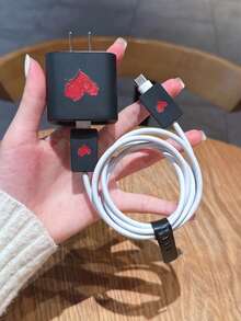 5pcs Set (1pc Black Liquid Big Hole Heart TPU Phone Case + 1pc Black Apple 18W/20W Charger Protector + 2pcs Black Data Cable Anti-Break Clips + 1pc Black Strap) Compatible With Apple 18W/20W Charger, Compatible With IPhone 17/17Pro/17ProMax, 16/16Pro/16ProMax/16Plus, 11/11ProMax, 12/12Pro/12ProMax, 13/13Pro/13ProMax, 14/14Pro/14Plus/14ProMax, 15/15Pro/15Plus/15ProMax - Multicolor - View 5