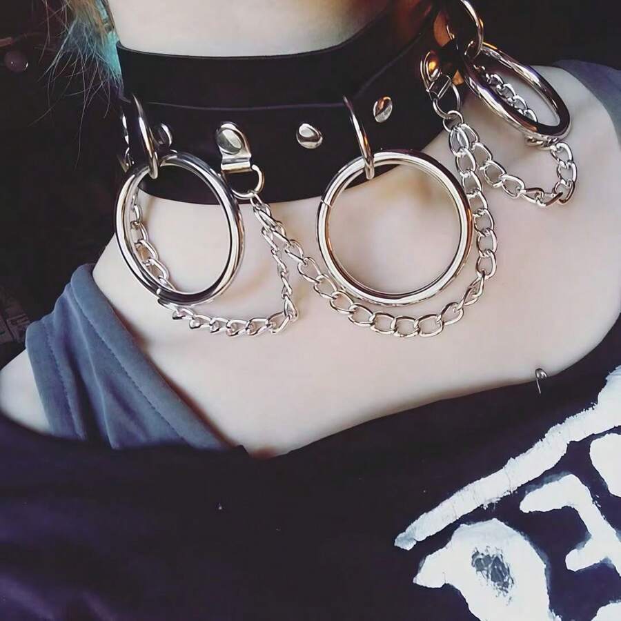 PU Leather Punk Style Double-Layer O-Ring Chain Choker Necklace, Personalized Metal Round Ring Clavicle Necklace - Black - View 1