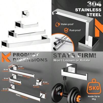 4 Pieces Chrome Bathroom Accessories Set Bathroom Accessories Set Silver 304 Stainless Steel Robe Hooks Toilet Paper Holder Towel Rack Wall Mounted Polished Chrome Finish