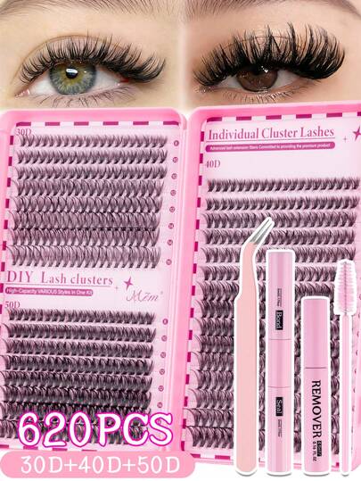 640pcs Eyelash Extension Kit, DIY Eyelash Extension Set, Individual Eyelash Clusters, D-Curl Eyelashes, Eyelash Cluster Set, Includes Eyelash Glue, Remover, Tweezers, Eyelash Brush, Fixing Gel And Applicator Brush, Convenient For DIY Eyelash Extension At Home (30D-40D-50D) Eyelash Cluster Set, Eyelashes, False Eyelashes, Suitable For Home DIY, Travel, Daily Commute, Evening Party, Wedding Bride Makeup, Etc.