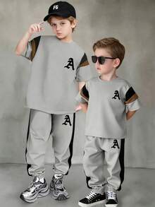 Young Boy Cartoon Print Round Neck Short Sleeve Top And Pants Set - Grey - View 9