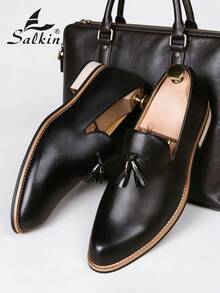 Salkin 经典复古设计师男士一脚蹬乐福鞋，优雅绅士流苏皮鞋，透气纯色，防滑耐用鞋底，适合休闲、商务、正式场合、毕业典礼、婚礼、春夏秋季，加大码 - 黑色 - 查看 7