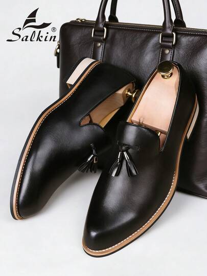 Salkin 经典复古设计师男士一脚蹬乐福鞋，优雅绅士流苏皮鞋，透气纯色，防滑耐用鞋底，适合休闲、商务、正式场合、毕业典礼、婚礼、春夏秋季，加大码